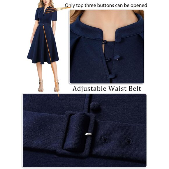 Women's Navy Blue Fit Flare Midi Dress Polyester Cotton Spandex Work Office - Picture 4 of 6